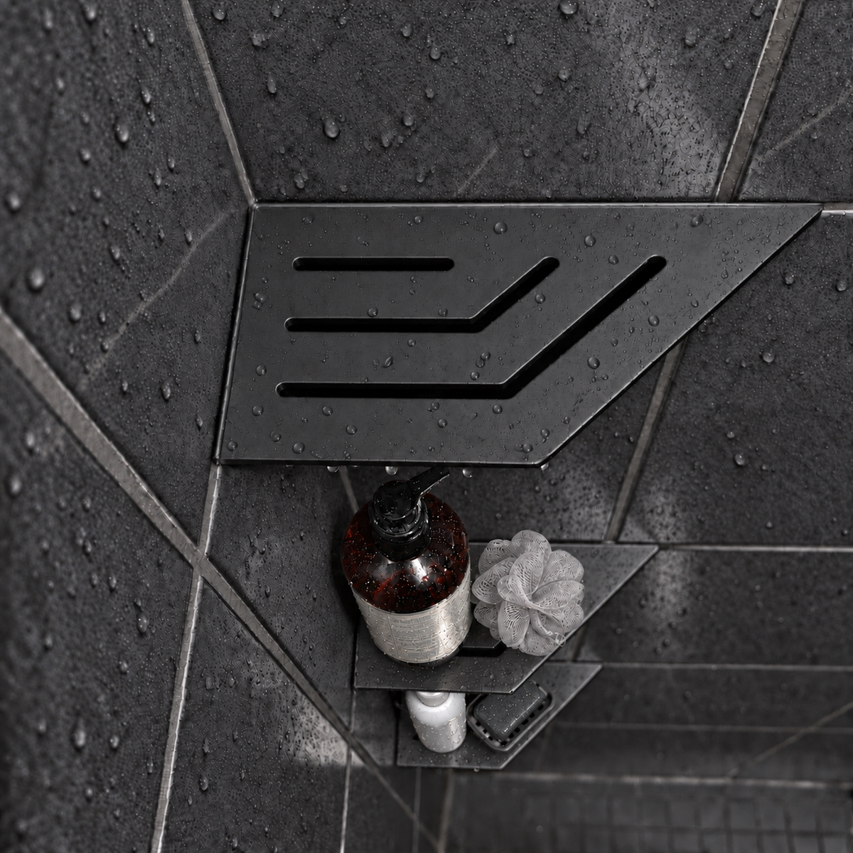 Corner shelf, 4 × 8 in, matte black, bottle and shower puff on the lower shelves, in a tiled shower