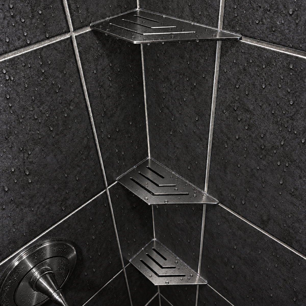 Corner shelf, 4 × 8 in, black PVD, in the corner of a tiled shower, two smaller shelves below