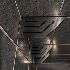 Corner shelf, 4 × 8 in, black PVD, close view, with the two lower shelves, in a tiled shower