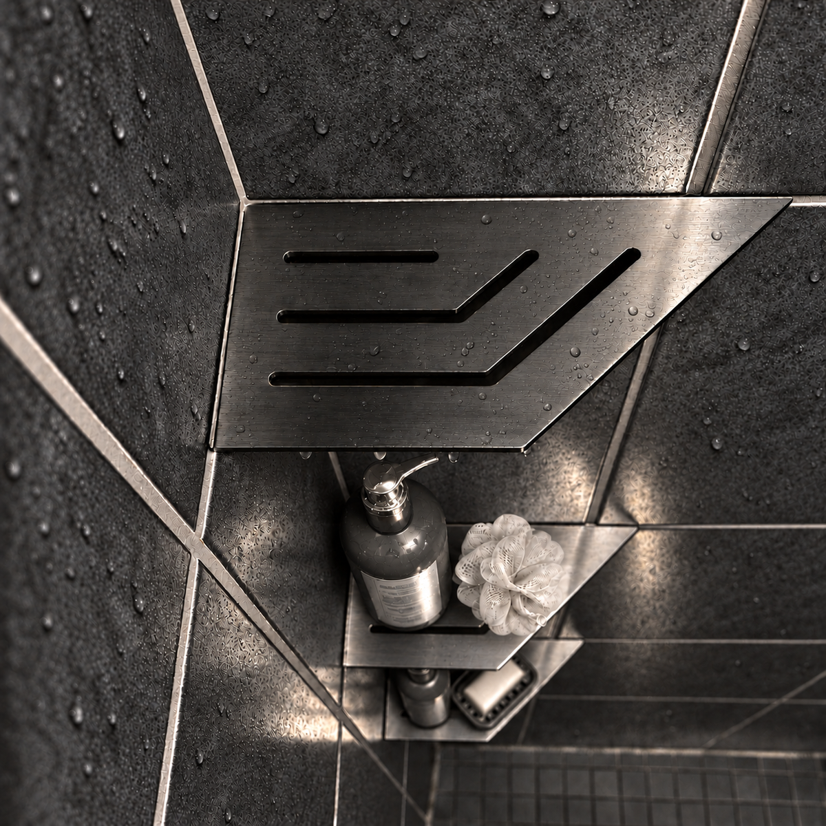Corner shelf, 4 × 8 in, black PVD, bottle and shower puff on the lower shelves, in a tiled shower