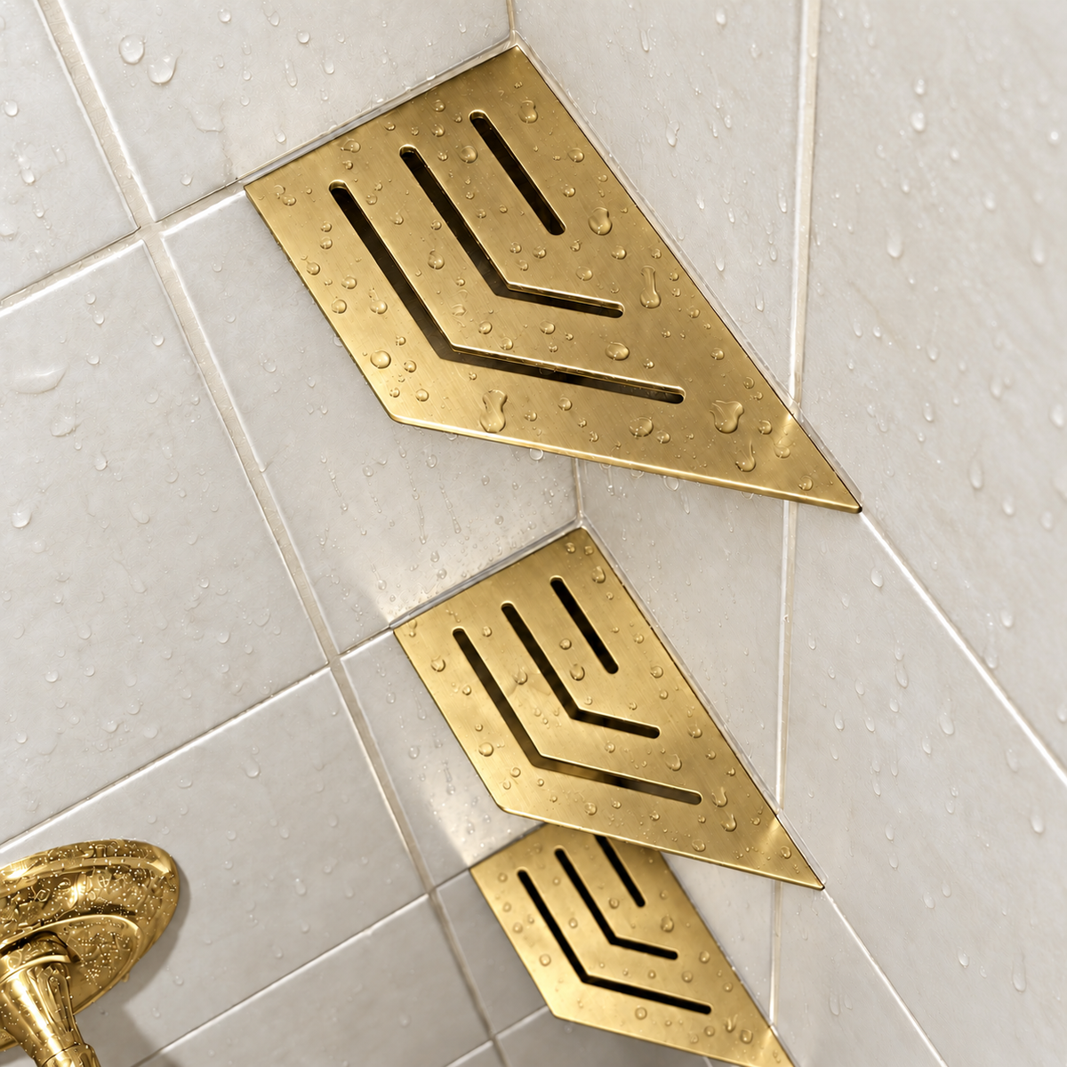 Corner shelf, 4 × 8 in, gold PVD, angled view, with two more shelves below, in a tiled shower