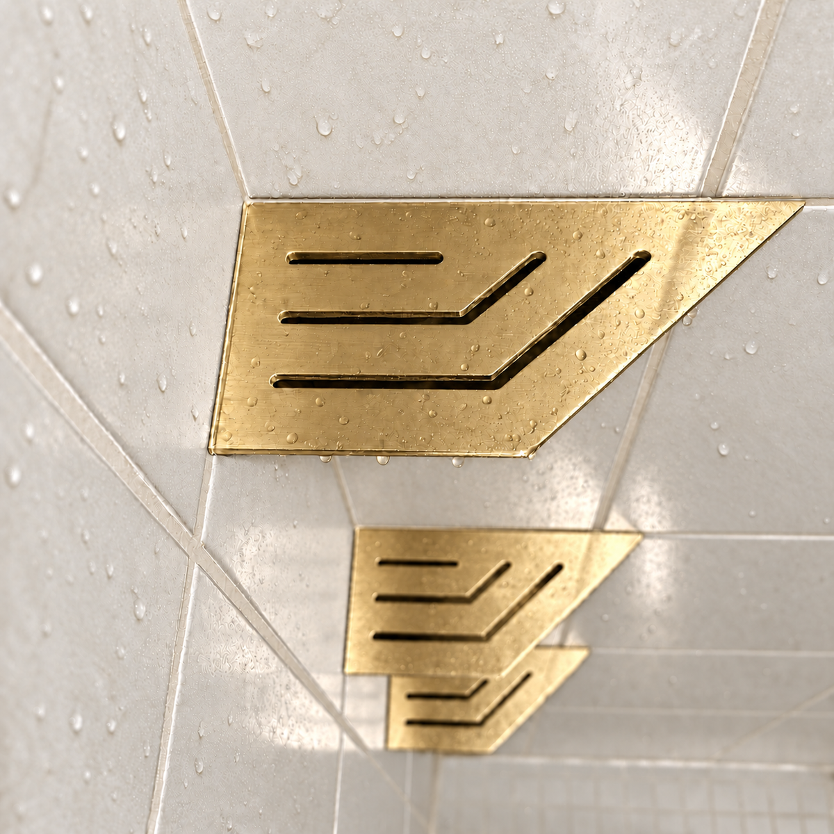Corner shelf, 4 × 8 in, gold PVD, close view, with the two lower shelves, in a tiled shower