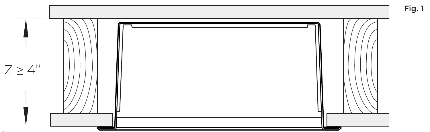 Vue en coupe du fabricant : niche encastrée dans une cloison d’au moins 4 pouces de profondeur.